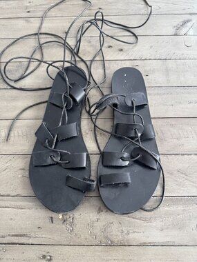 Ancient Greek Sandals Black Leather Lace Up Gladiator Flats Size 38 8